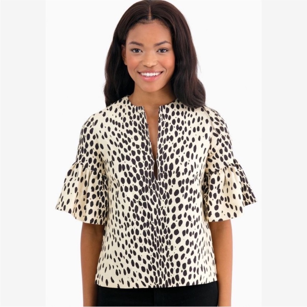 Emerson Fry | Women's Leopard Cheetah Mod Ruffle Sleeve Linen Top in Tan XS